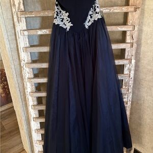Elegant Navy Gown with Silver Lace Detail